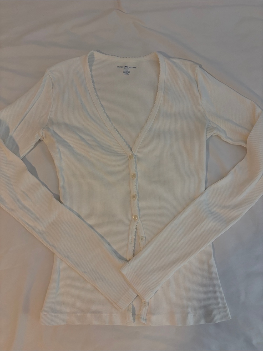 Brandy Melville Cream Ribbed Long-Sleeve Button V-Neck Top